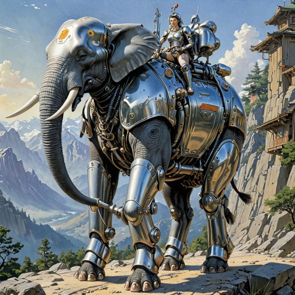 Cybernetic War Elephant with Rider in Heavy Armor