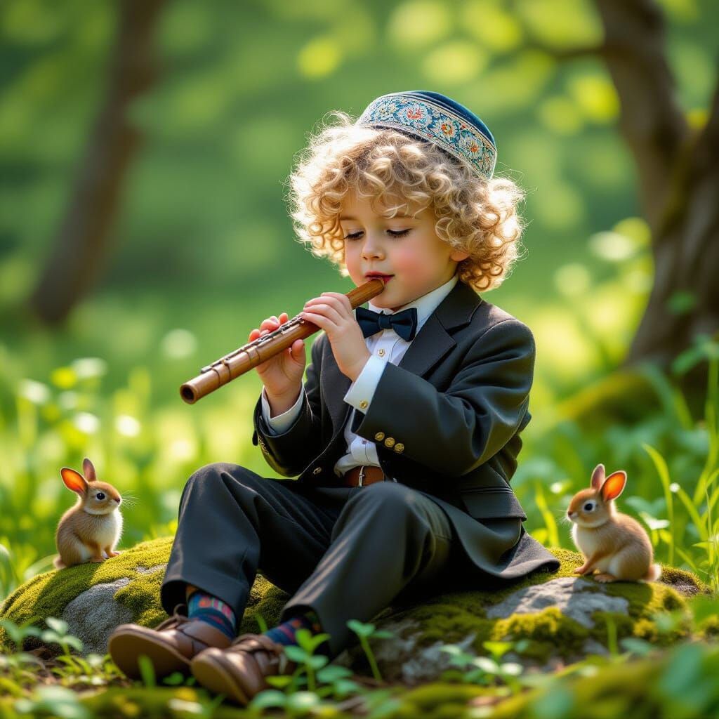 A serene scene of a young Hasidic boy with long curly blonde...