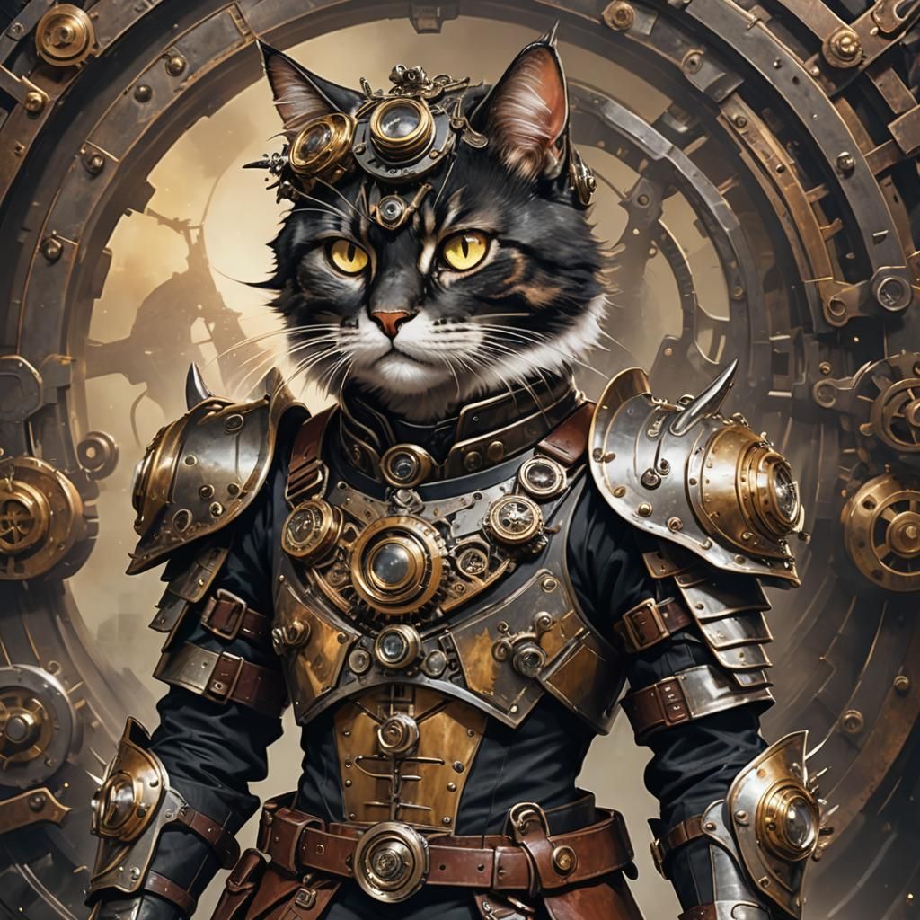 Steampunk Warrior Cat in 3D Game Cinematic Style