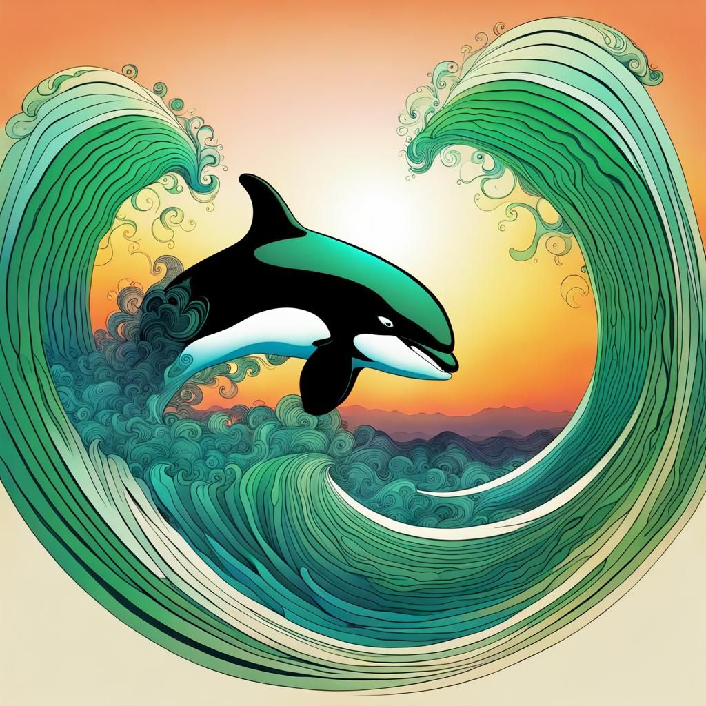 Orca's Sunset Leap: Abstract Vector Art