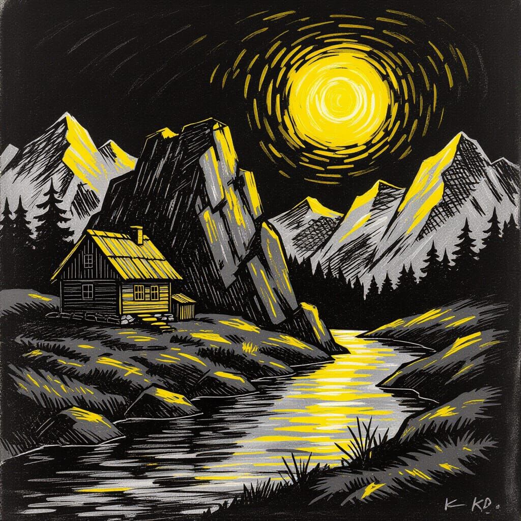 Black and Yellow Chalk Mountain Landscape with House