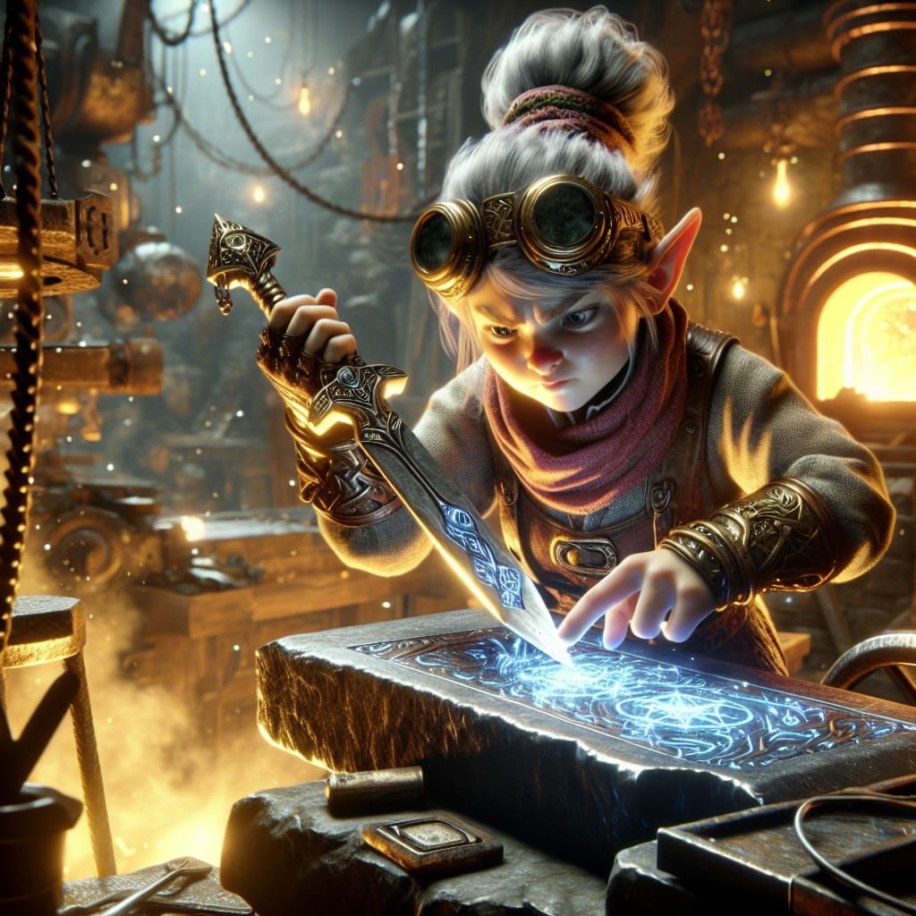 Cyberpunk Dwarf Inventor Inscribes Magical Sword