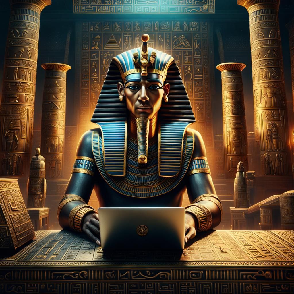 an ancient Egyptian pharaoh typing on a laptop