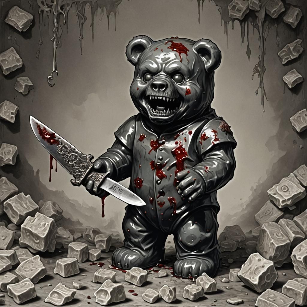 Zombie Gummy Bear with Knife, Horror Art