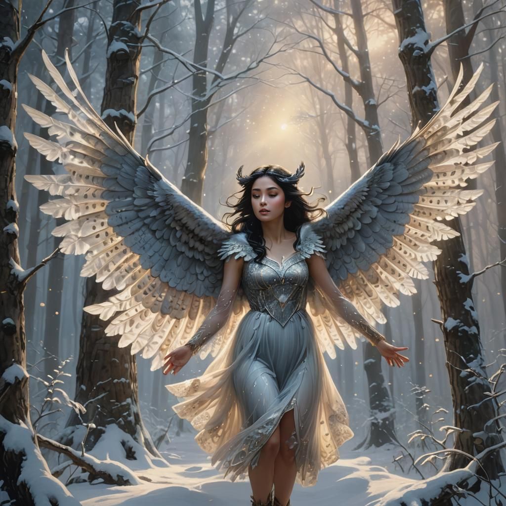 Ethereal Woman Transforms into Owl in Snowy Forest