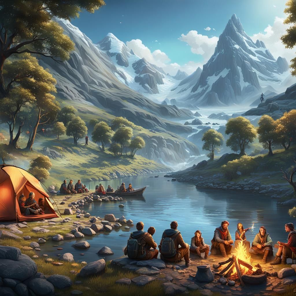 Adventuring Party Camping by River: Fantasy Concept Art