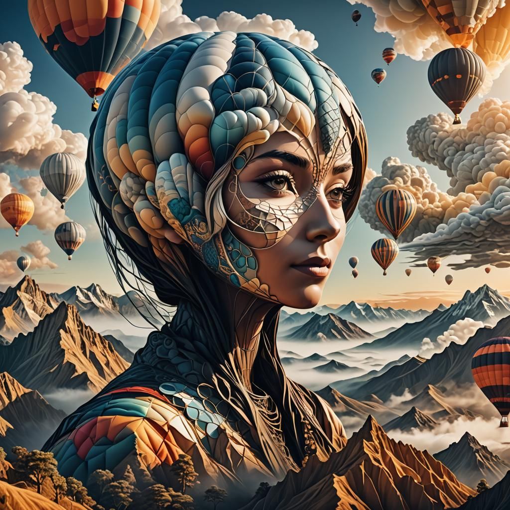 Woman in Hot Air Balloon at Sunrise: 3D Render