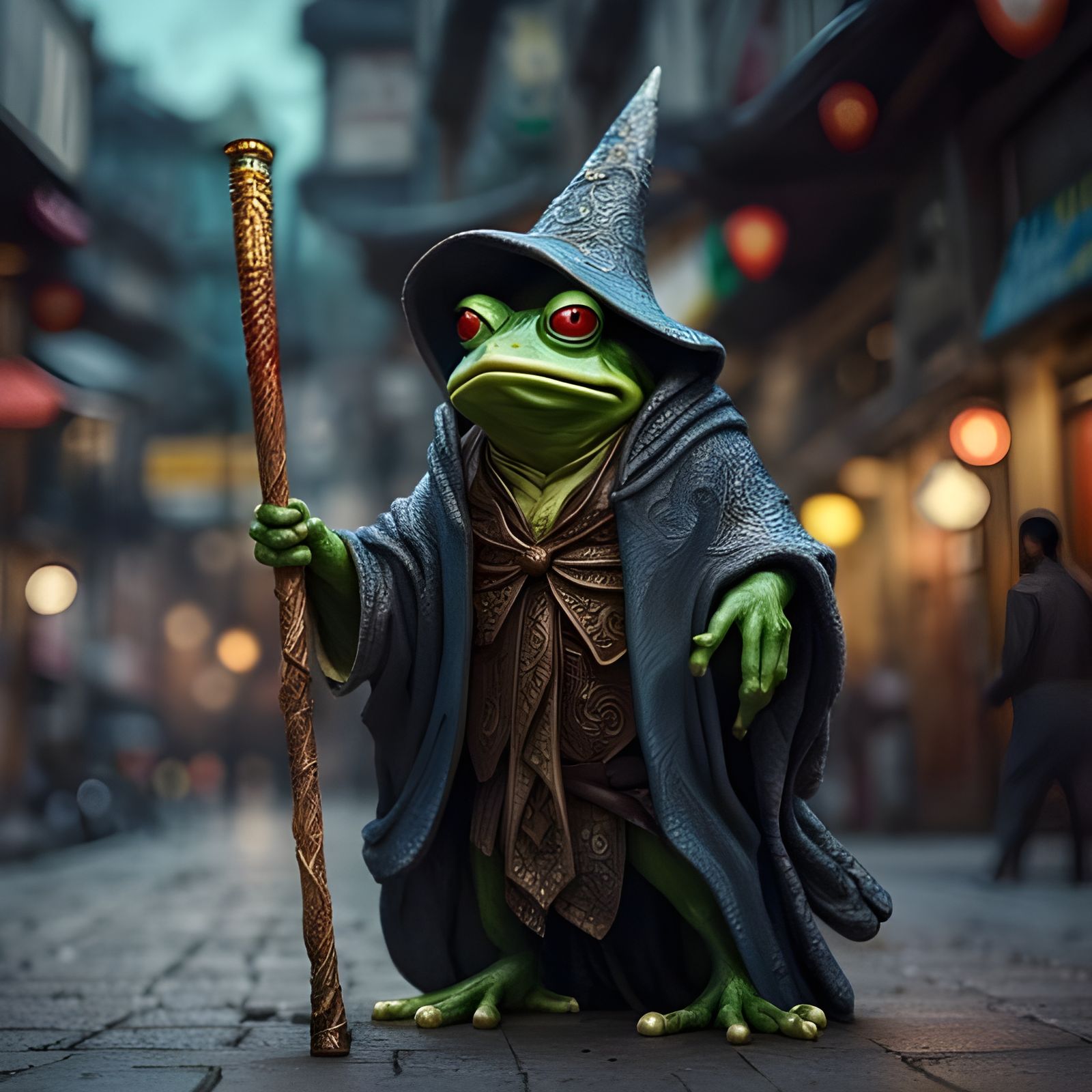 Wizard Frog on a Fantasy Street, Detailed Photorealistic Art