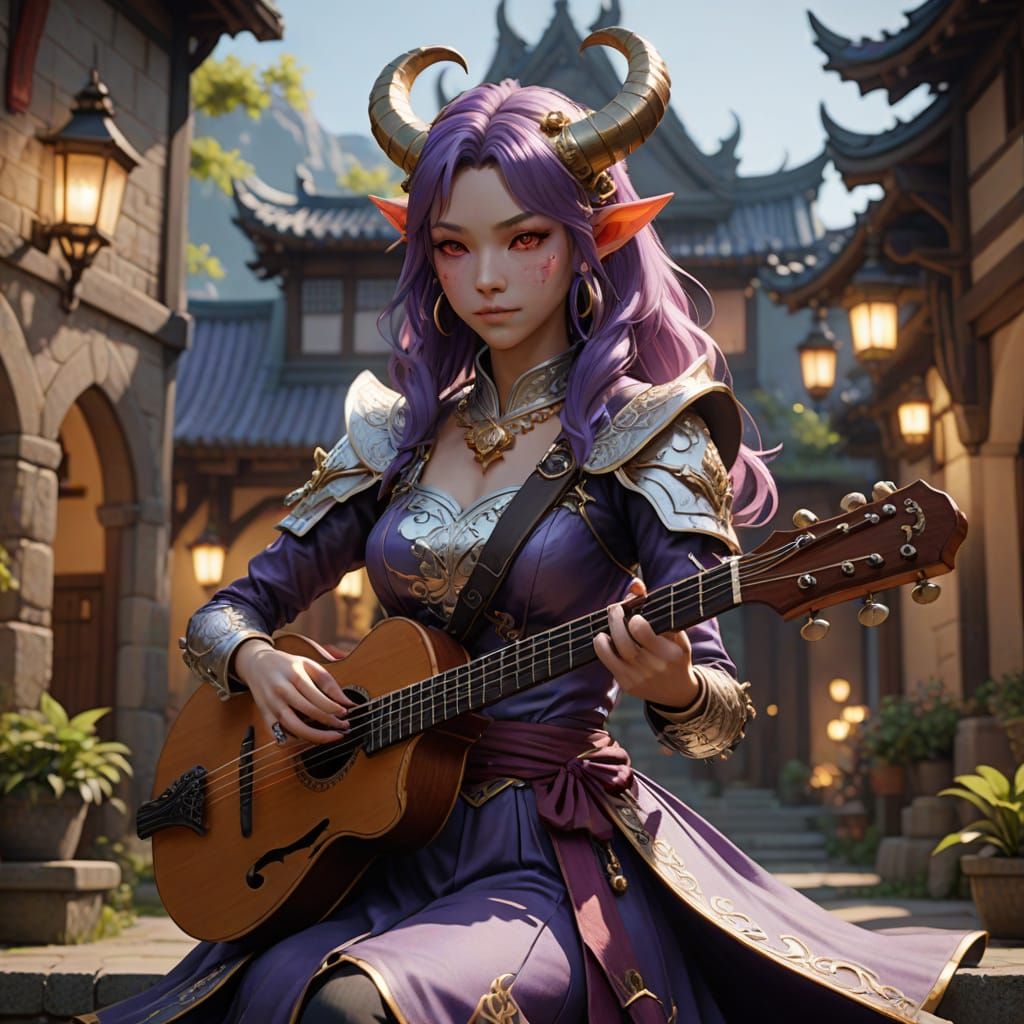 Anime Tiefling Bard and Manticore in 3D Style