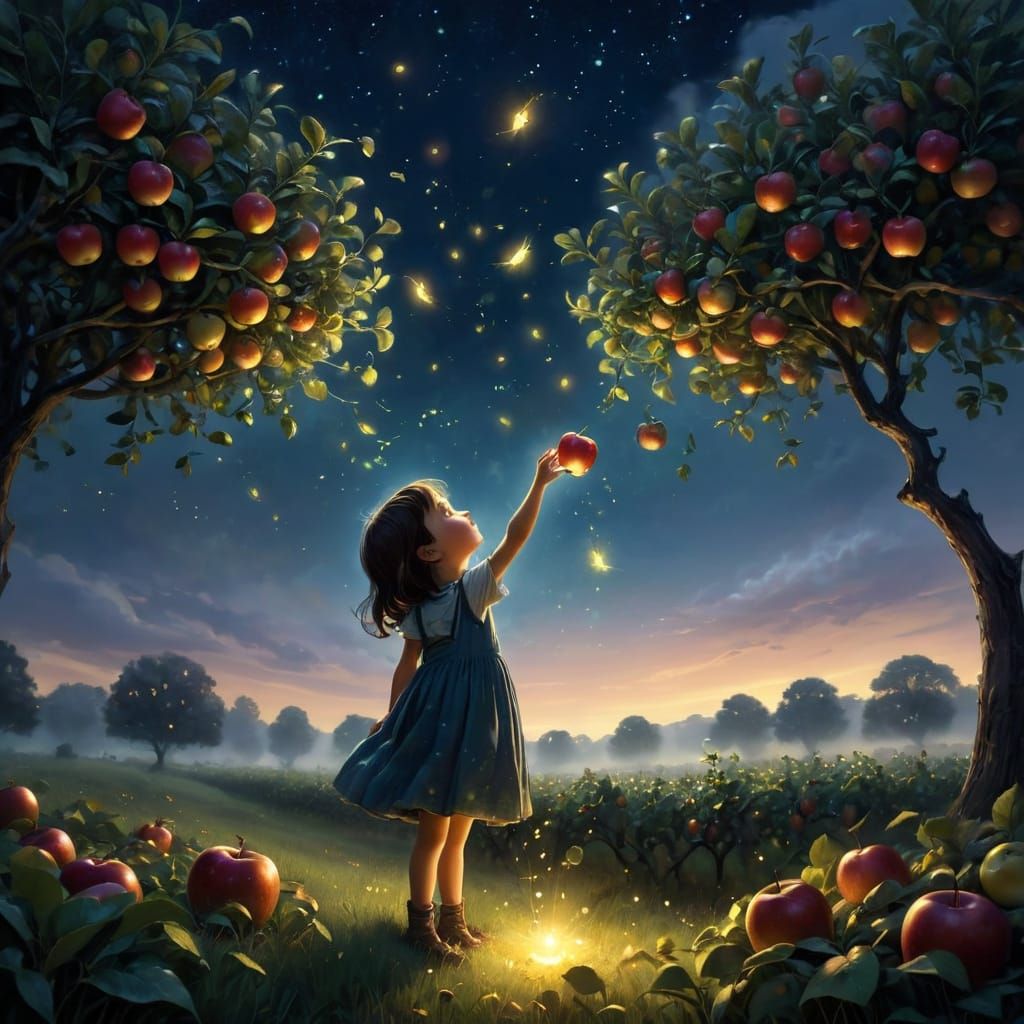 Dreamlike Apple Orchard Scene in Ethereal Lighting