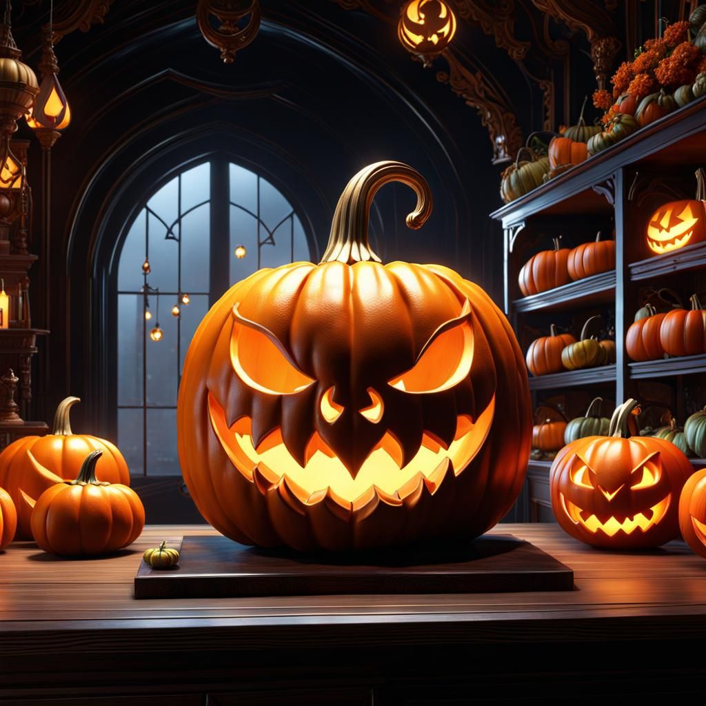 Venom Pumpkin Carving in Fantasy Shop, 3D Render