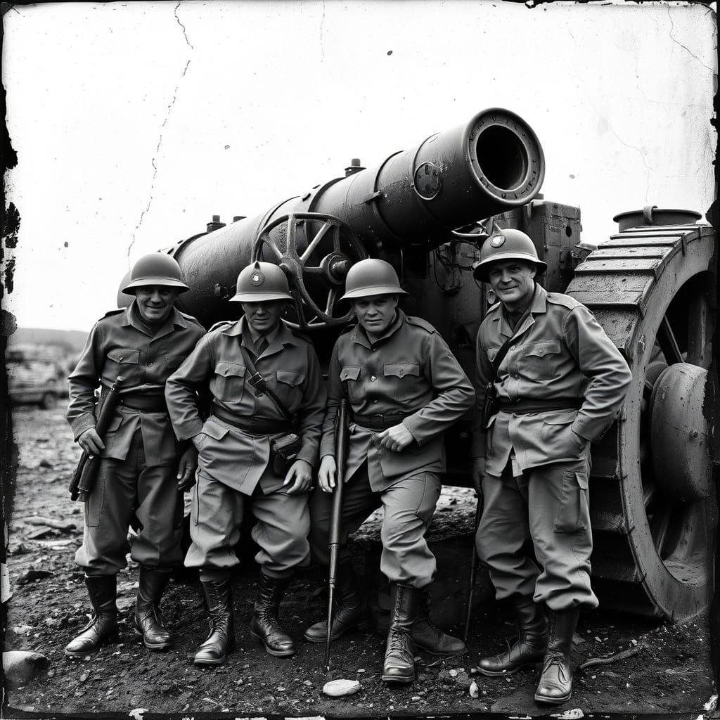 World War One Soldiers with Howitzer, Black and White Photo