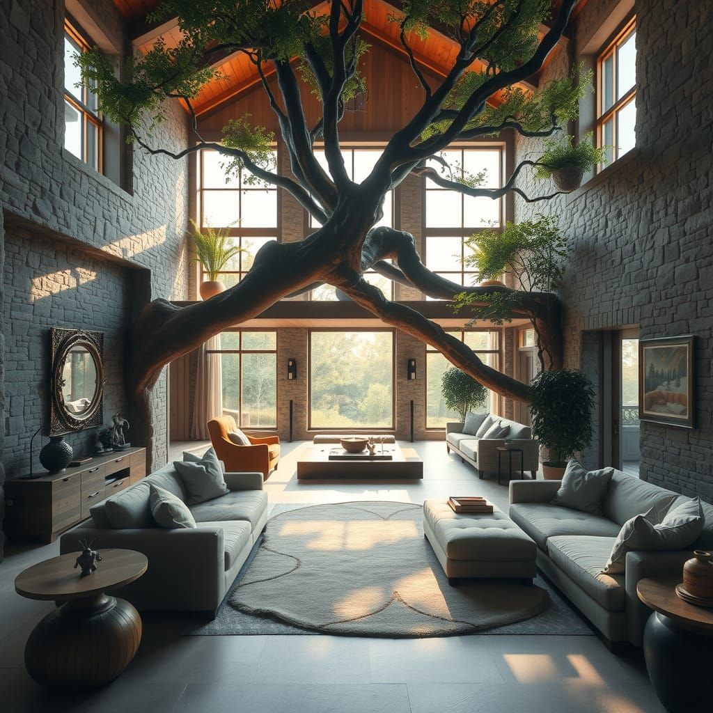 Interior of a large solarpunk stone house, with natural tree mezzanine, beautiful luxurious interior