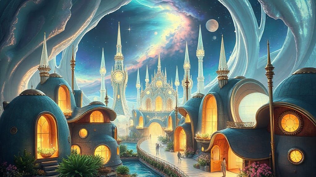 Ethereal City Amidst Nebula in Cyberpunk Style