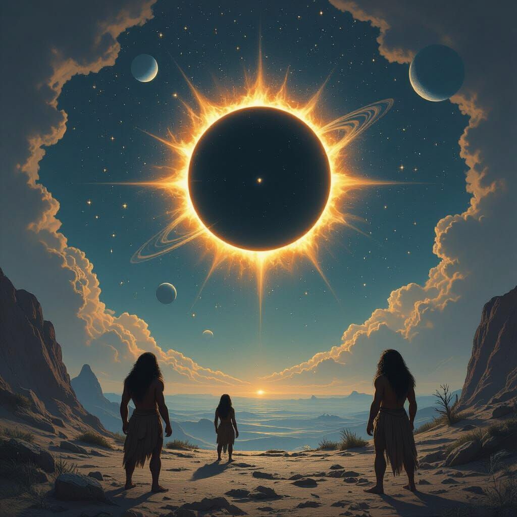 Cave People Witness Cosmic Eclipse in Fantasy Art Style