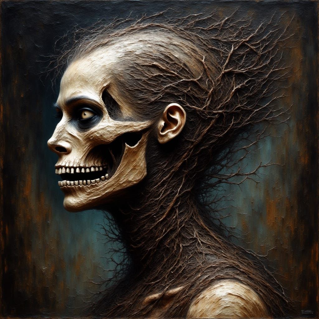 Macabre Portrait of Skeletal Figure with Dual Heads
