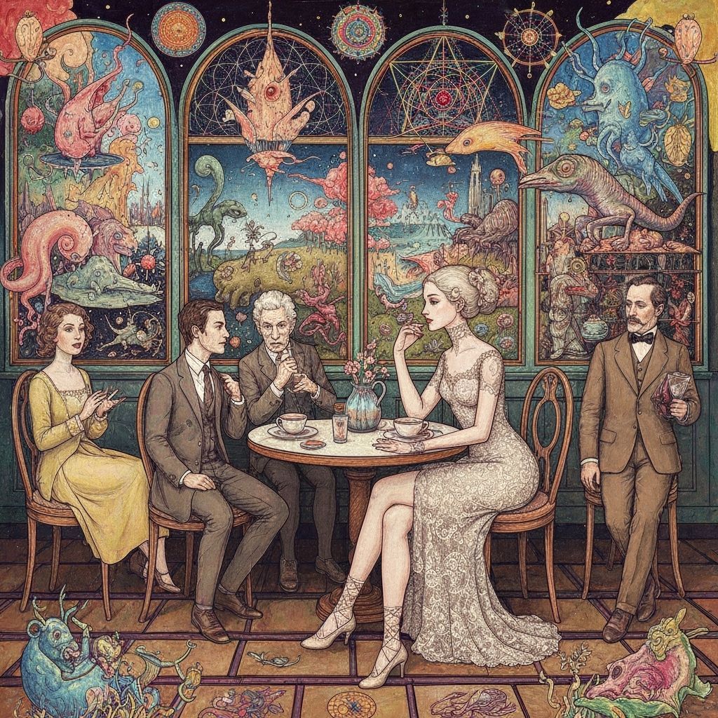 Woman in Dreamlike Cafe Inspired by Bosch