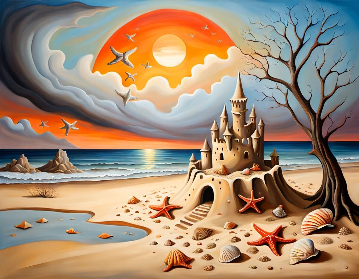 Surreal Beach Sandcastle With Flying Fish, Oil Painting