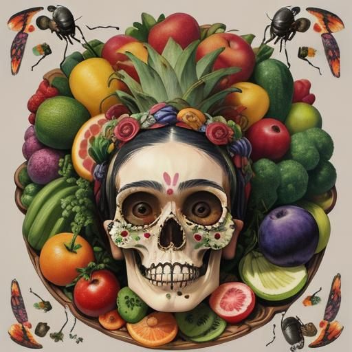 Frida Kahlo Skull Still Life in Anime Style
