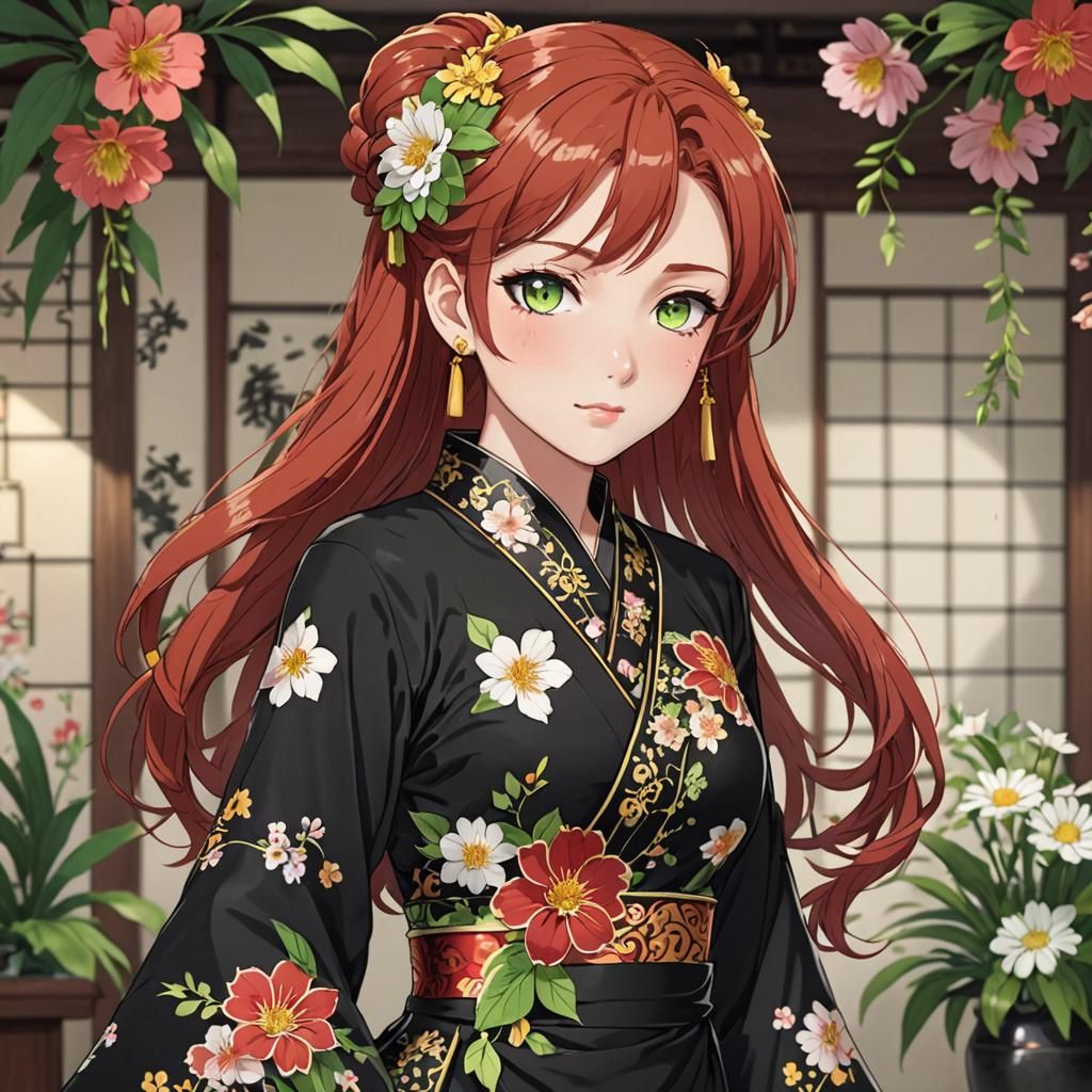Anime Sticker of Red-Haired Woman in Chinese Dress