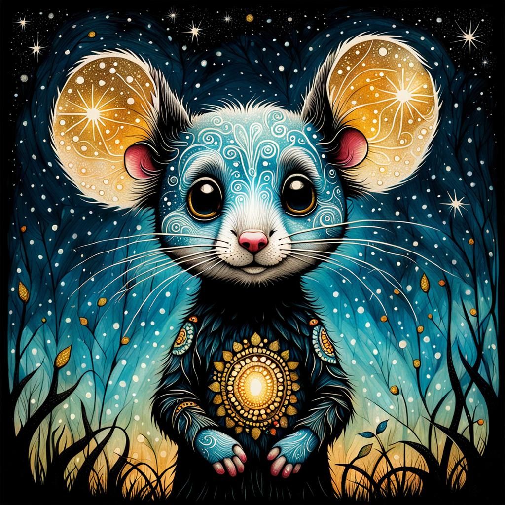 Shy Mouse Portrait in Aboriginal Linocut Style