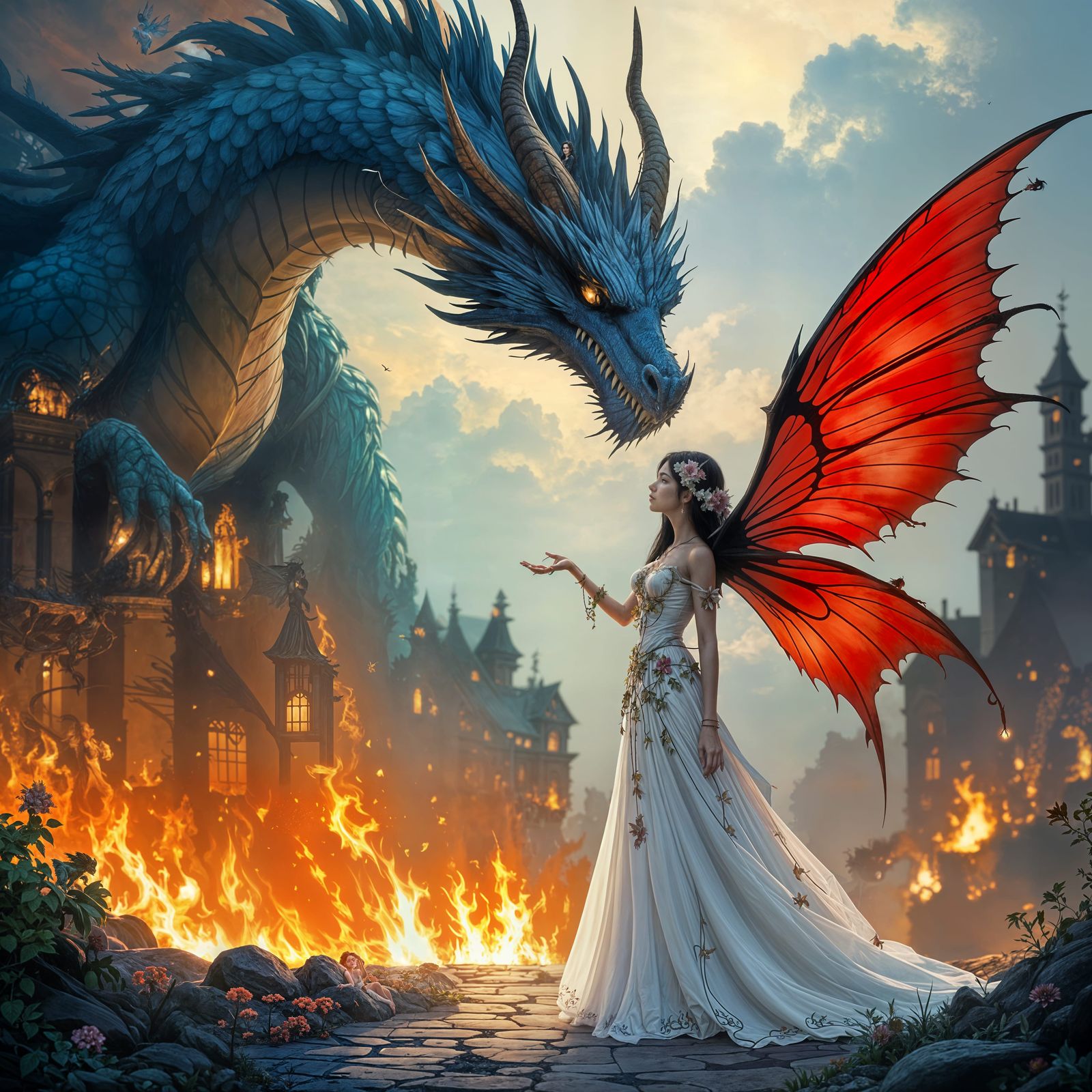 Fairy Confronts Giant Dragon Over Burning City