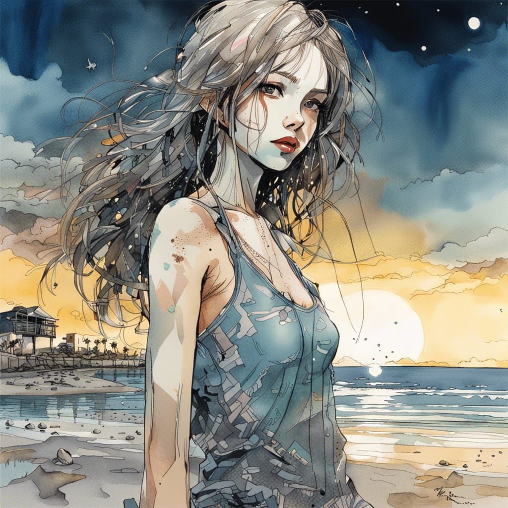 Anime Girl on Spanish Beach at Night