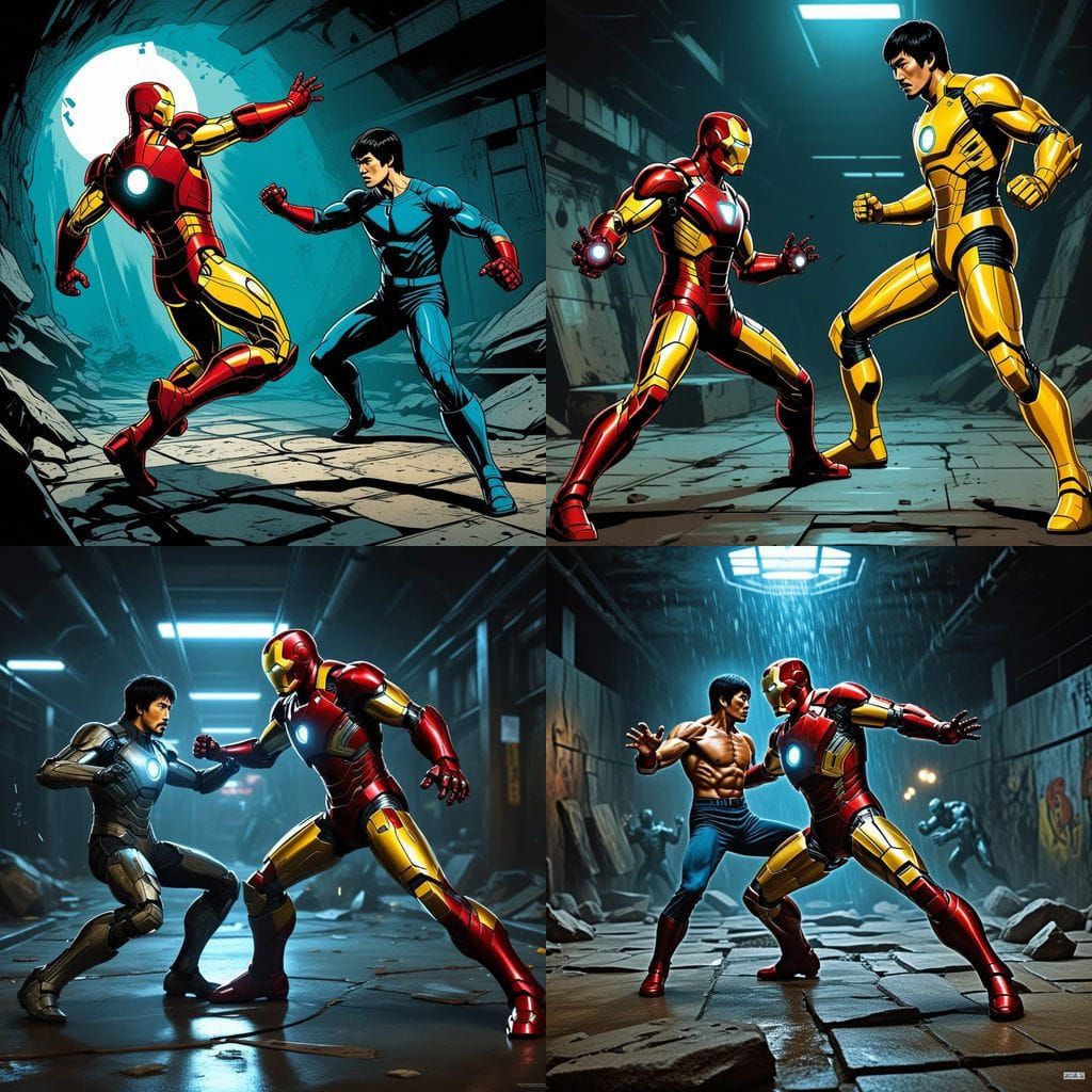 Iron Man Versus Bruce Lee in Tim Burton Style