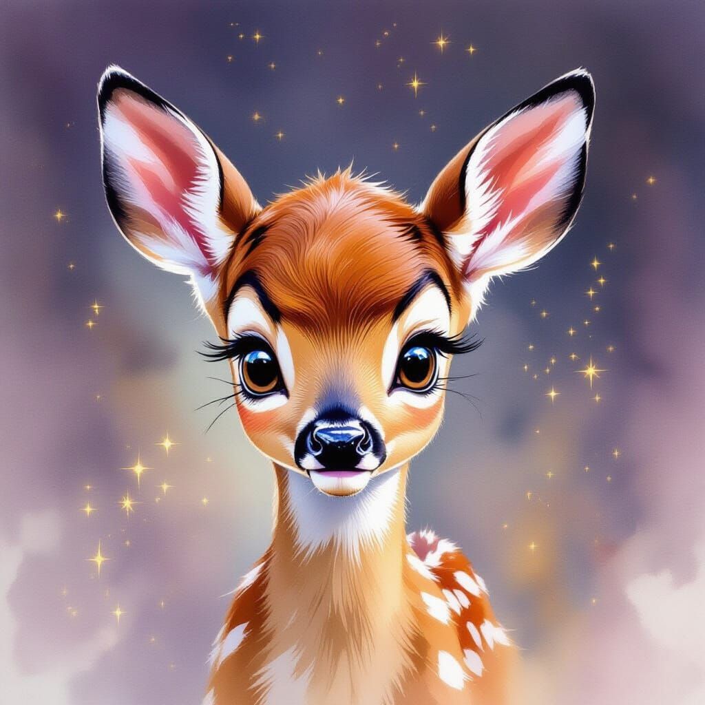 Hyperrealistic Watercolor Portrait of Bambi with Dramatic Li...