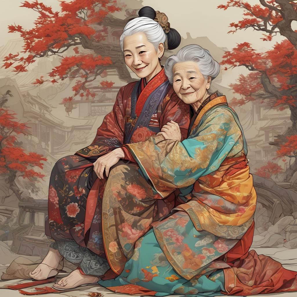 Detailed Chinese Family Embrace in Moebius Style