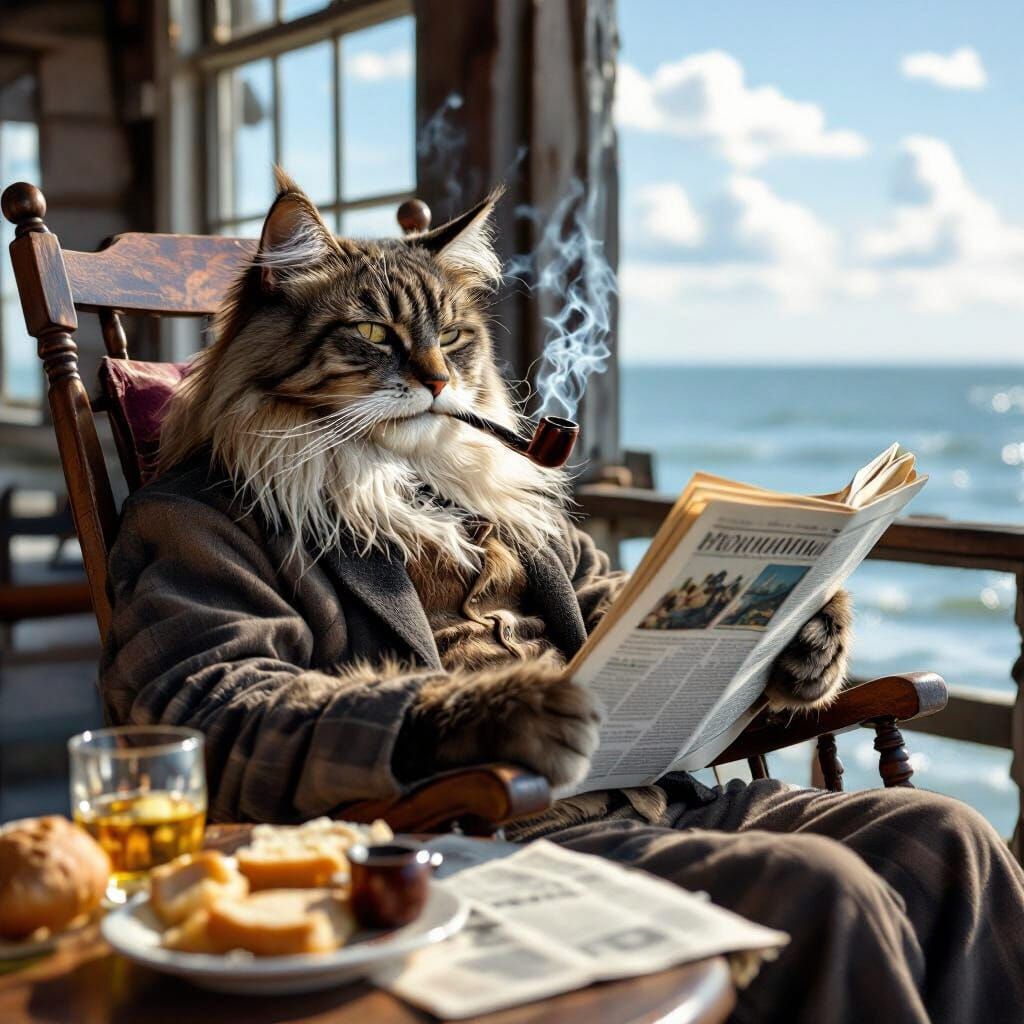 18th Century Cat Reading Newspaper by North Sea