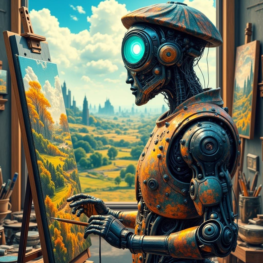 Robot Artist Creates Futuristic Landscape in Vibrant Colors