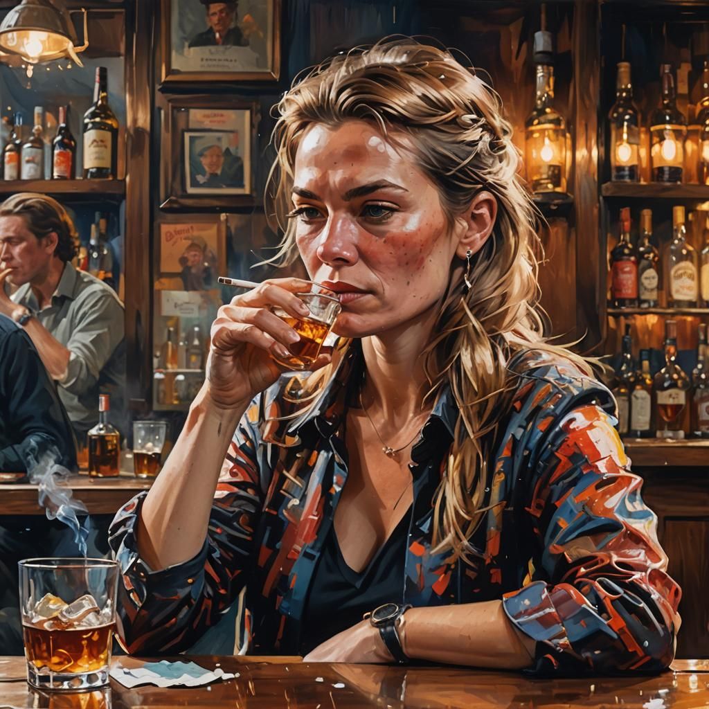 Hyperrealistic Portrait of Woman at Bar in Dutch Style
