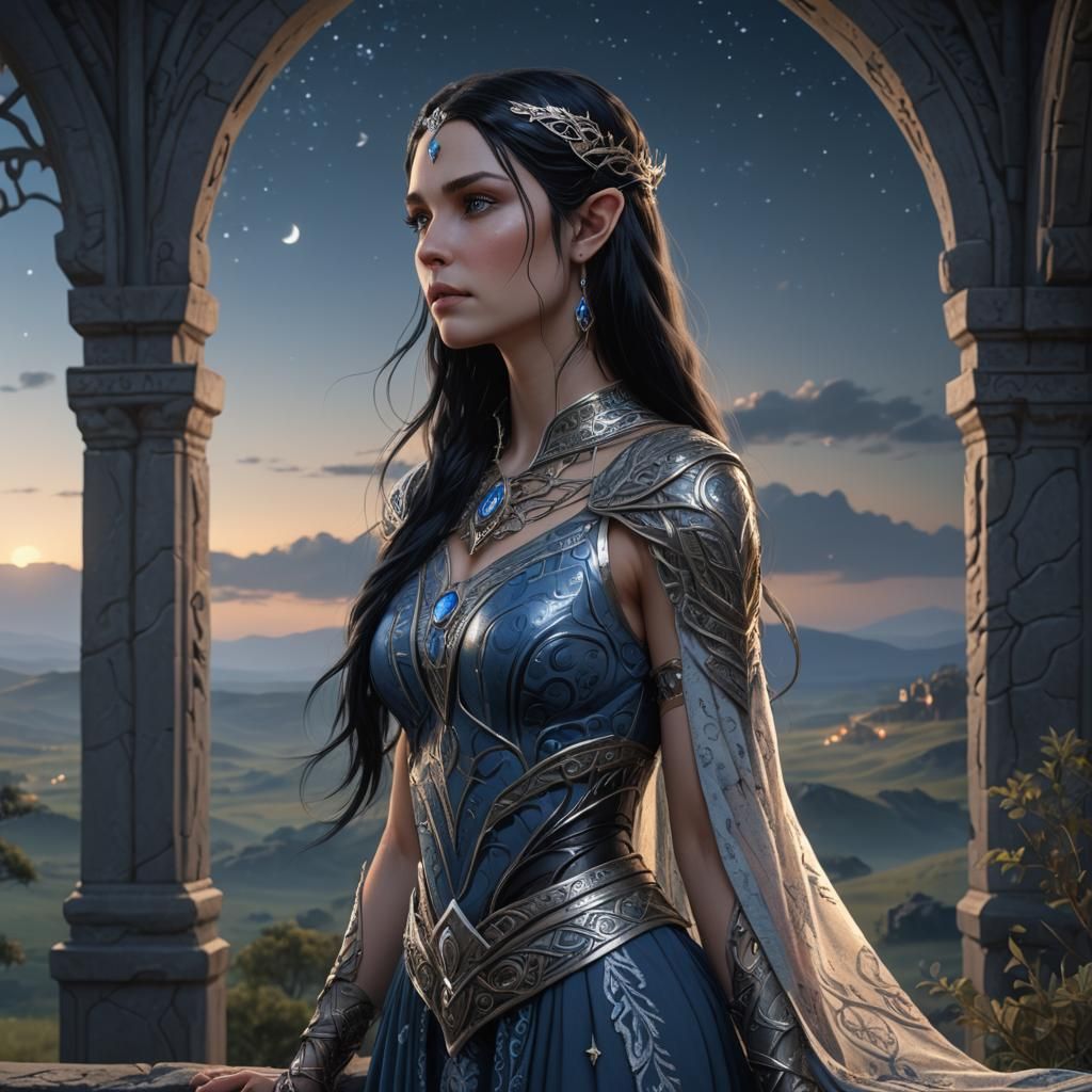 High Elven Princess Overlooking Plains at Night