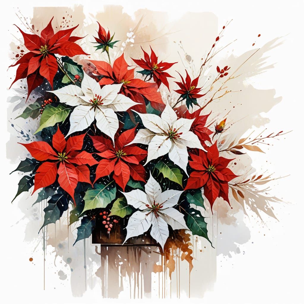 Poinsettia Bouquet Oil Painting in Afremov Palette Knife Sty...