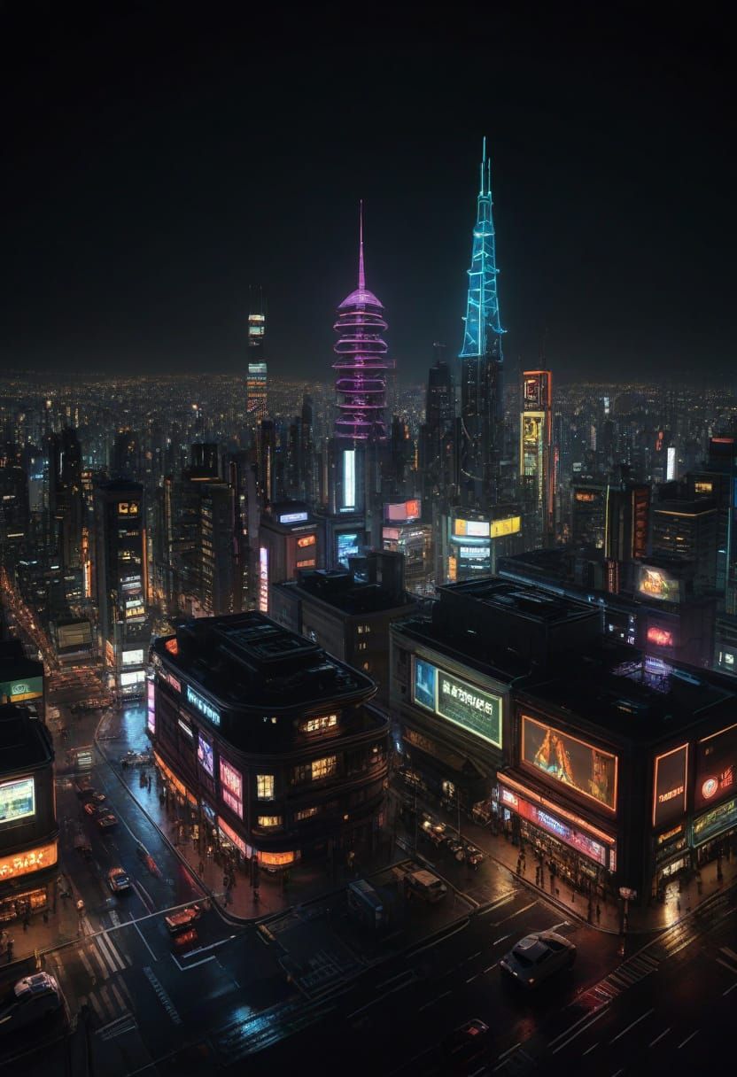 Cyberpunk Metropolis at Night with Neon Lights and Flying Ca...