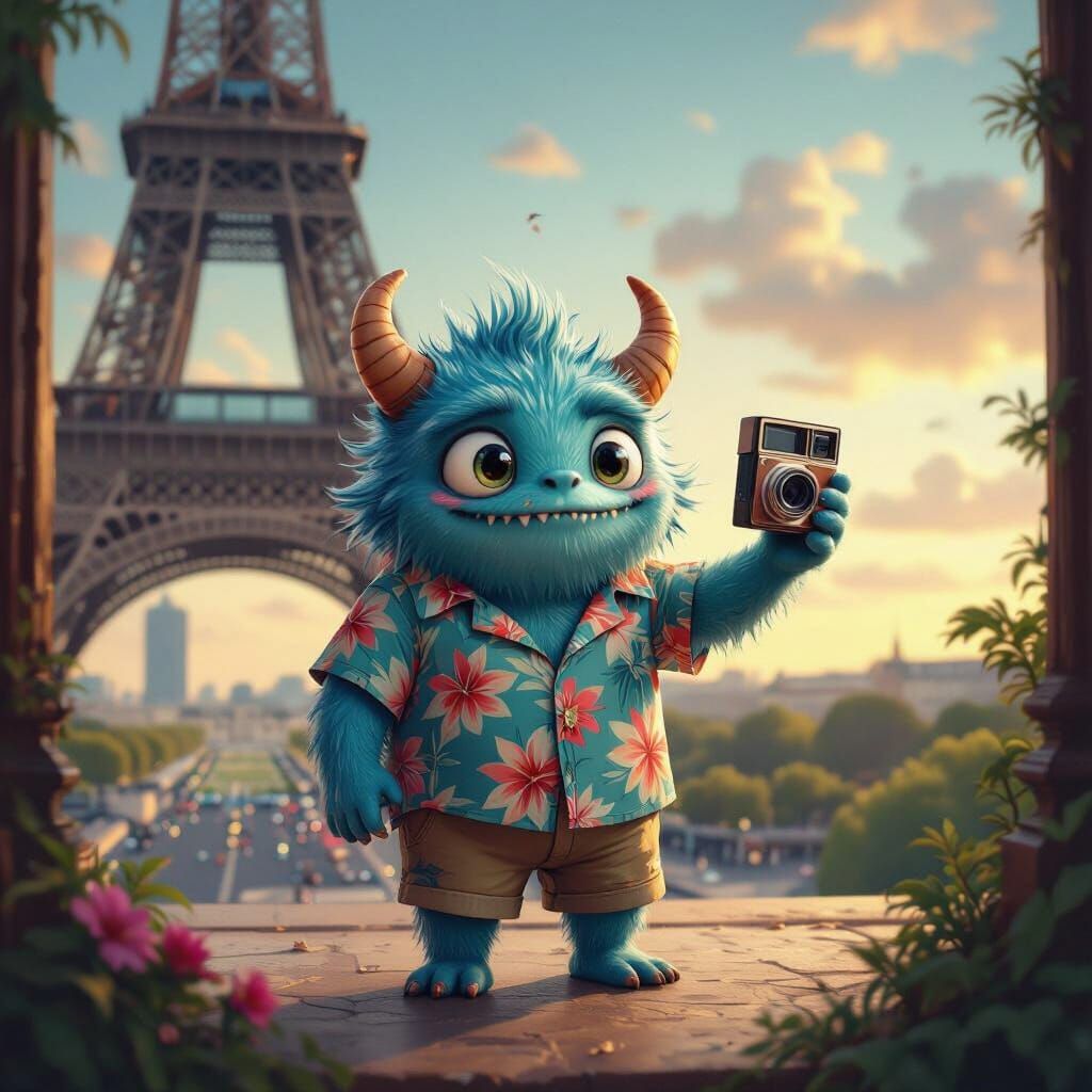 Chibi Monster Selfie at Eiffel Tower in Surreal Oil Painting