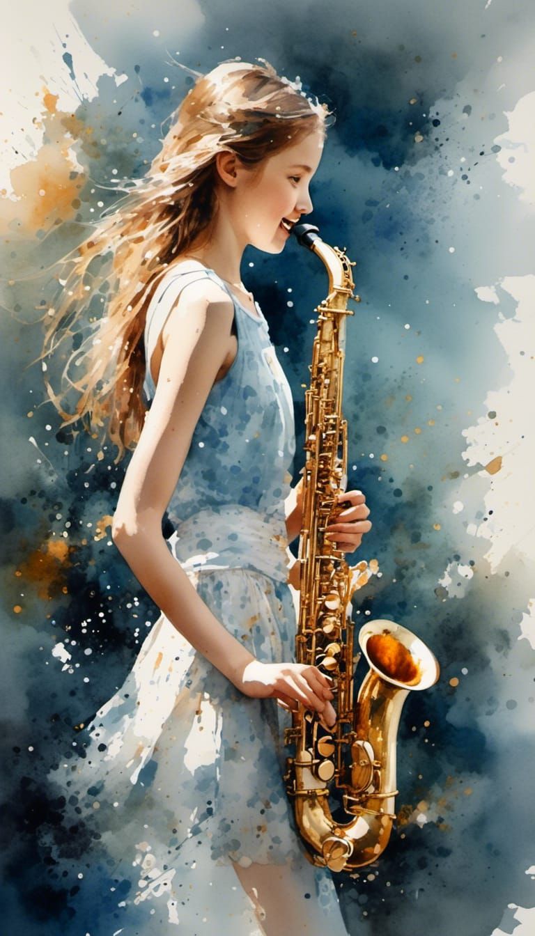 Girl Playing Saxophone in Watercolor Style