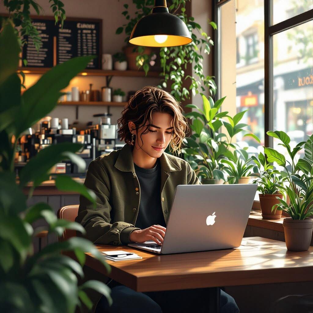 Person Using MacBook in Cozy Coffee Shop