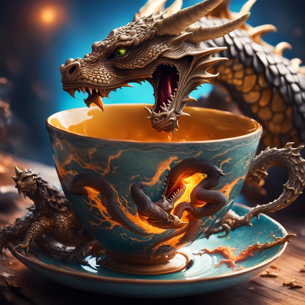 Knight and Dragon Duel in Teacup: Hyperrealistic Art
