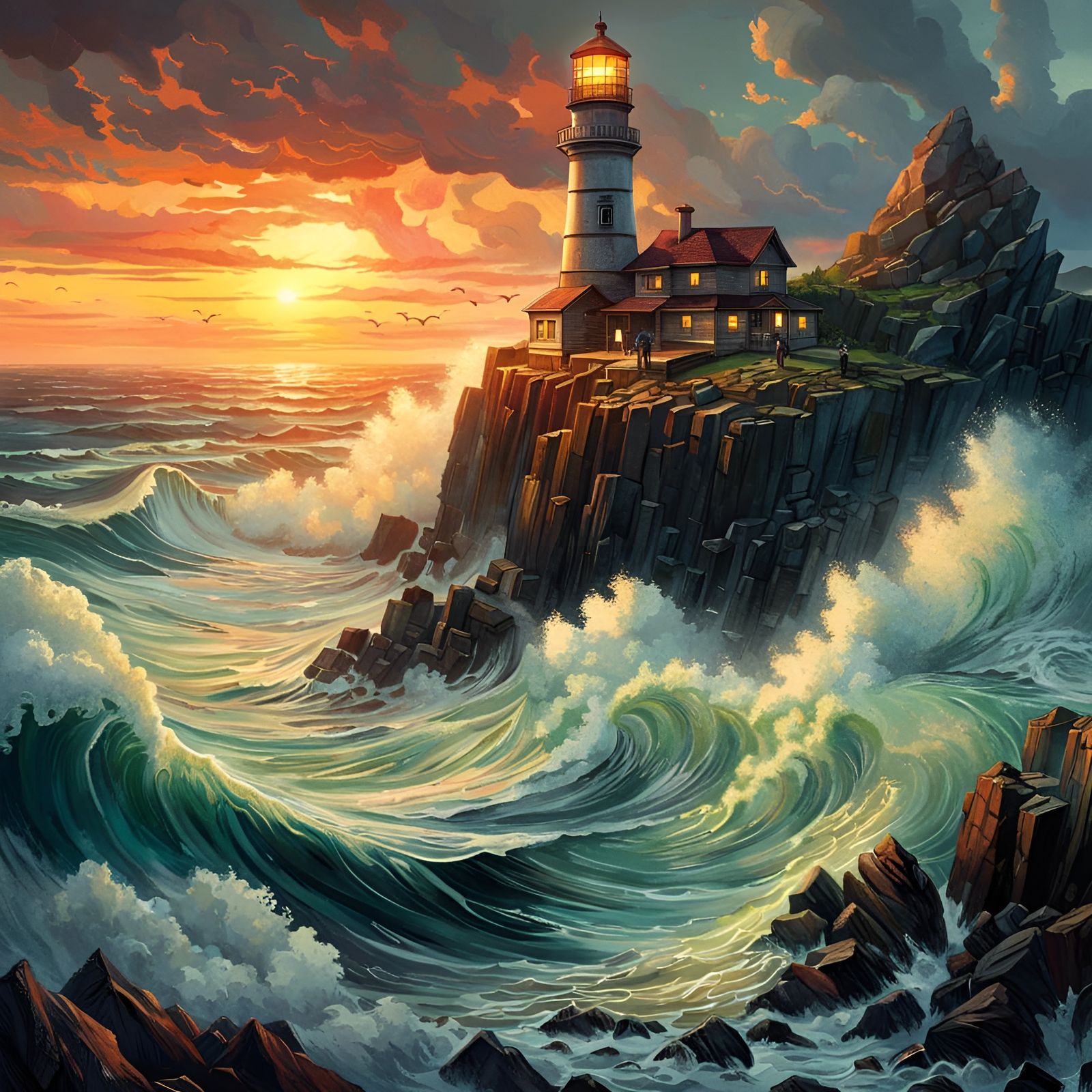 Stormy Sunset at Rocky Coastline with Lighthouse