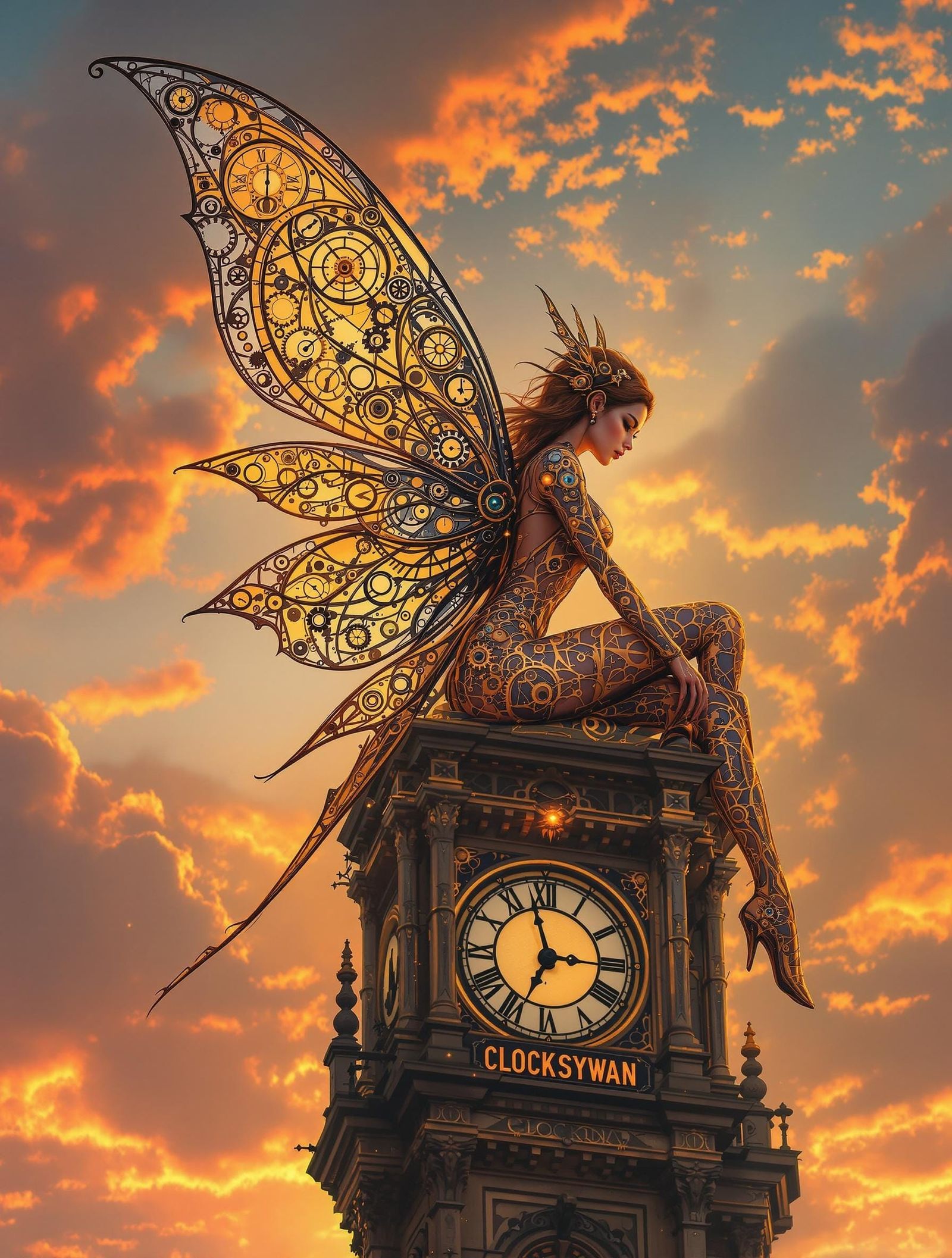 Steampunk Fairy with Mechanical Wings at Sunset