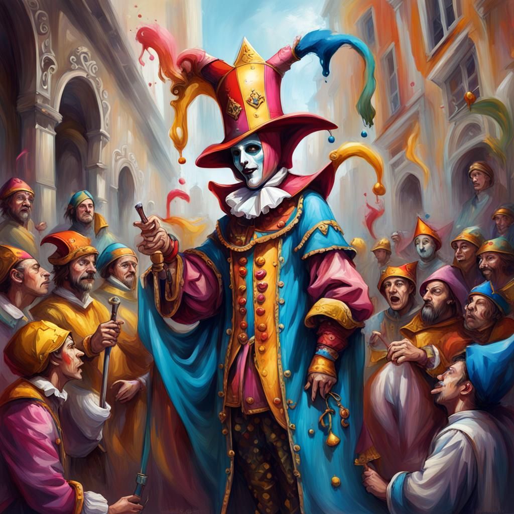 Court Jester Entertains Nobles: Graffiti Art Style