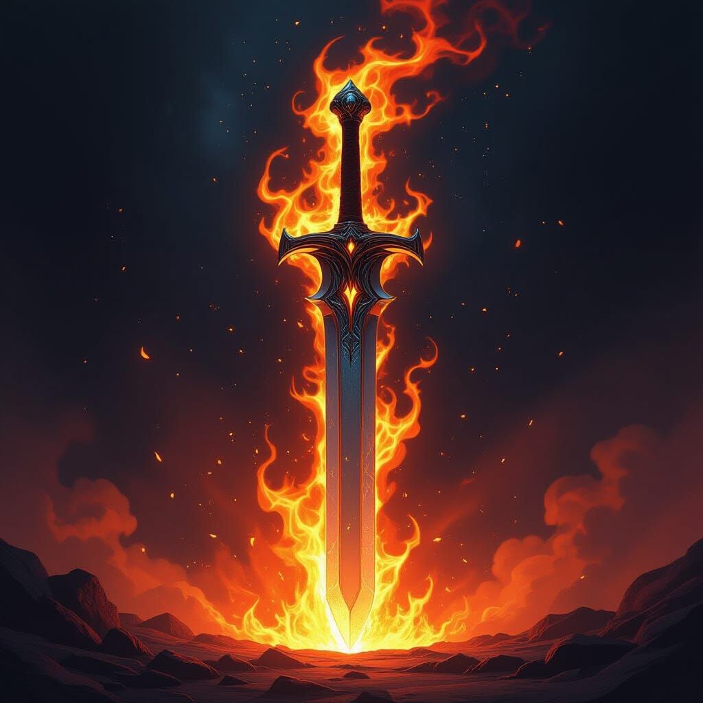Legendary Flaming Sword in Dark Void, Fiery Power