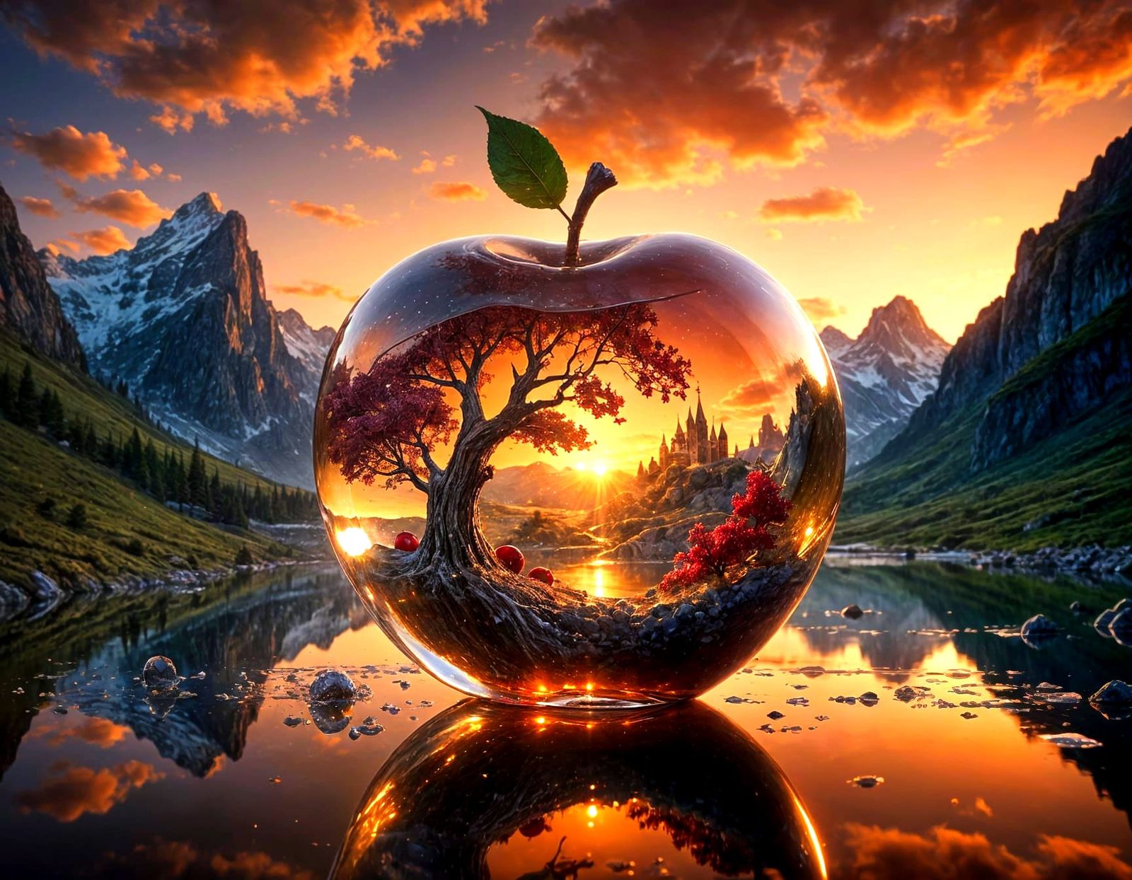 Surreal Crystal Glass Apple Reveals Majestic Fantasy Realm