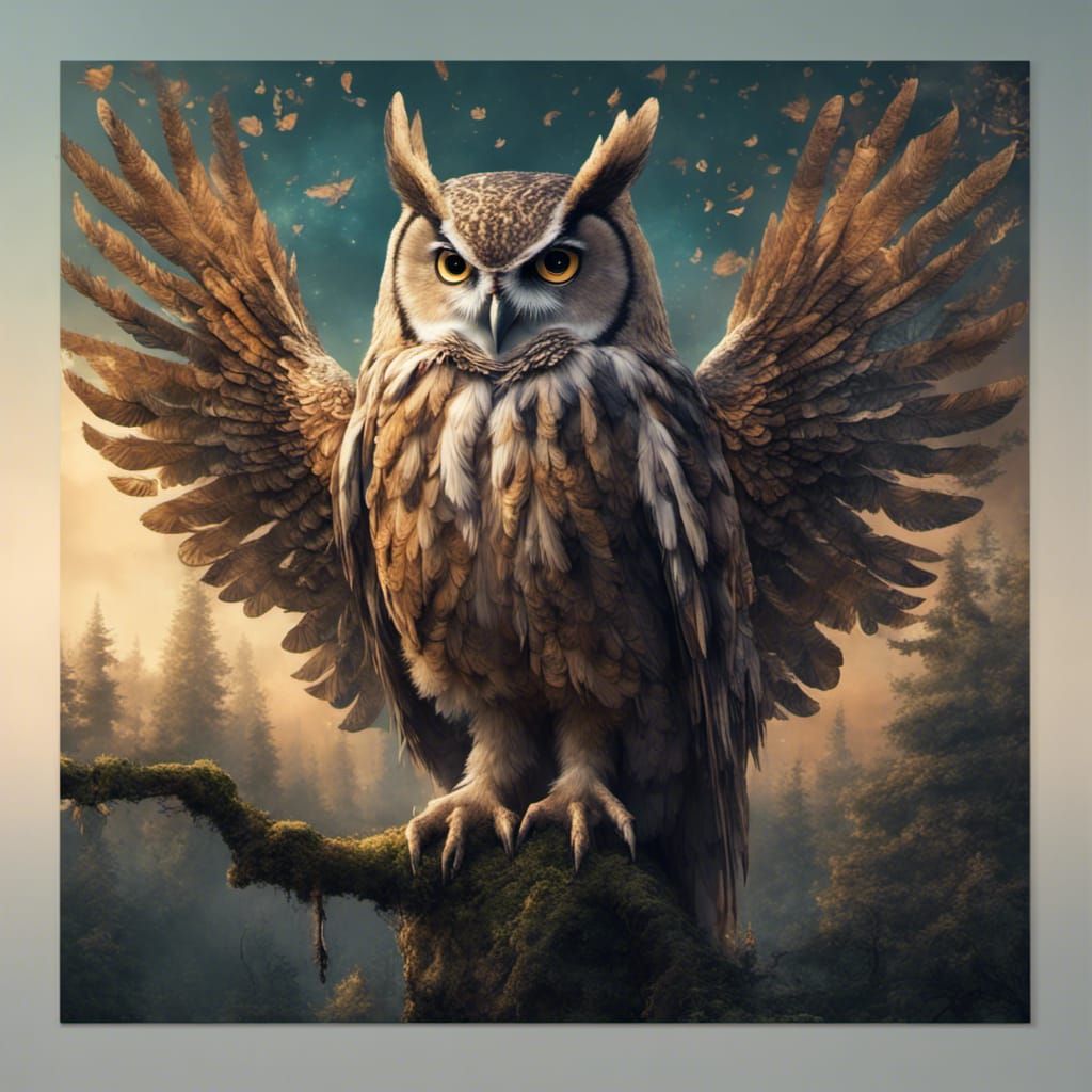 portrays an owl with mystical, oversized wings that appear to be made of enchanted feathers. It stands guard over an anc...