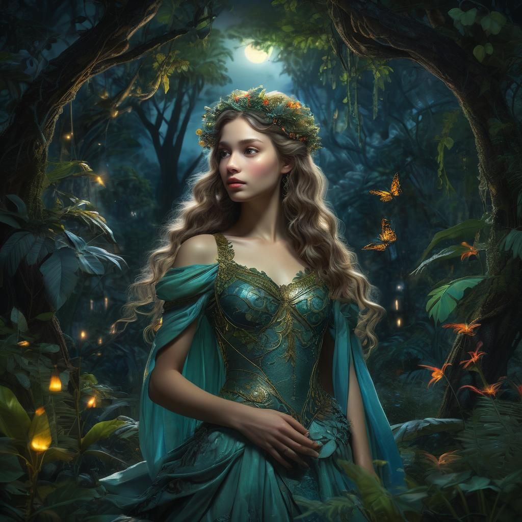 Enchanted Jungle Princess with Firefly: Oil Painting