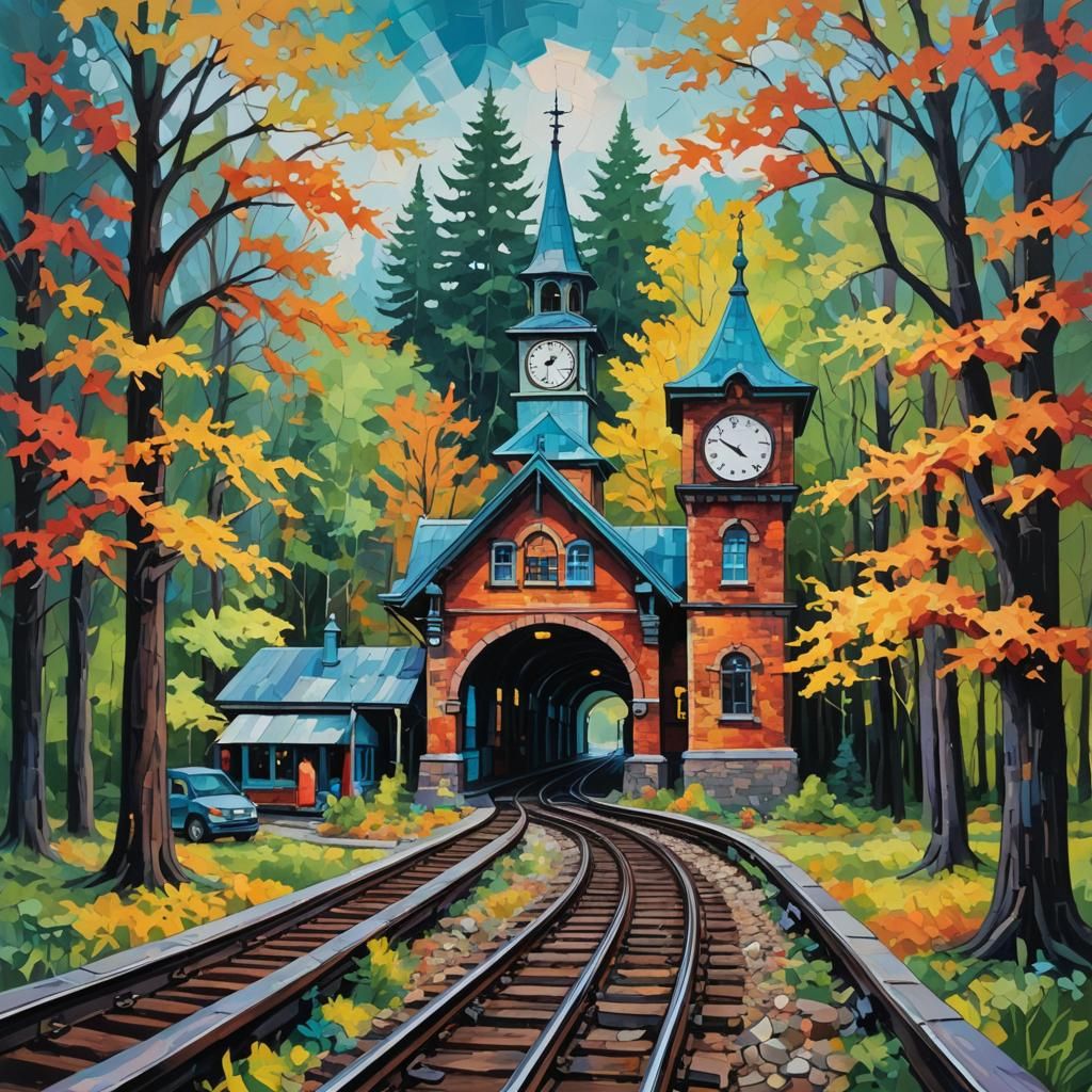 Train Station in Forest: Abstract Art with Clock Tower