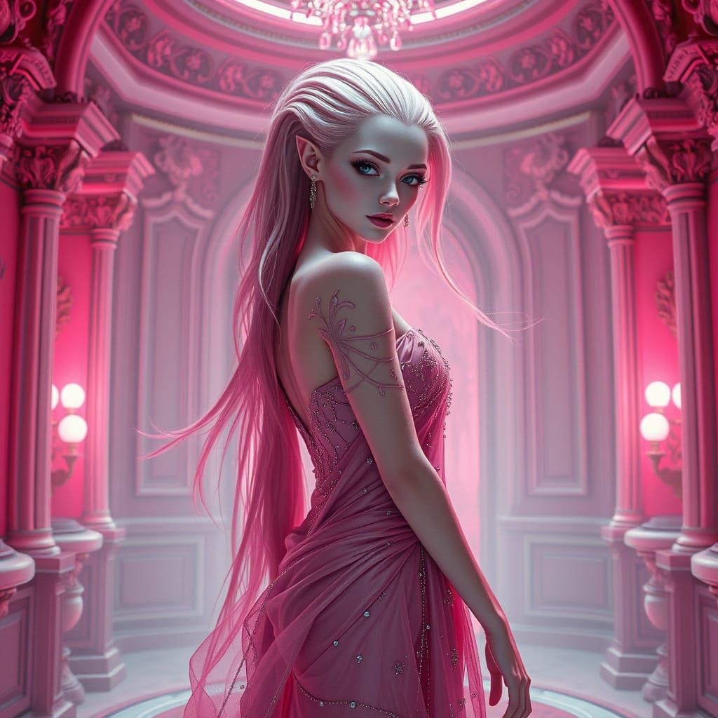 Elegant Pink Alien Woman in Shimmering Gown