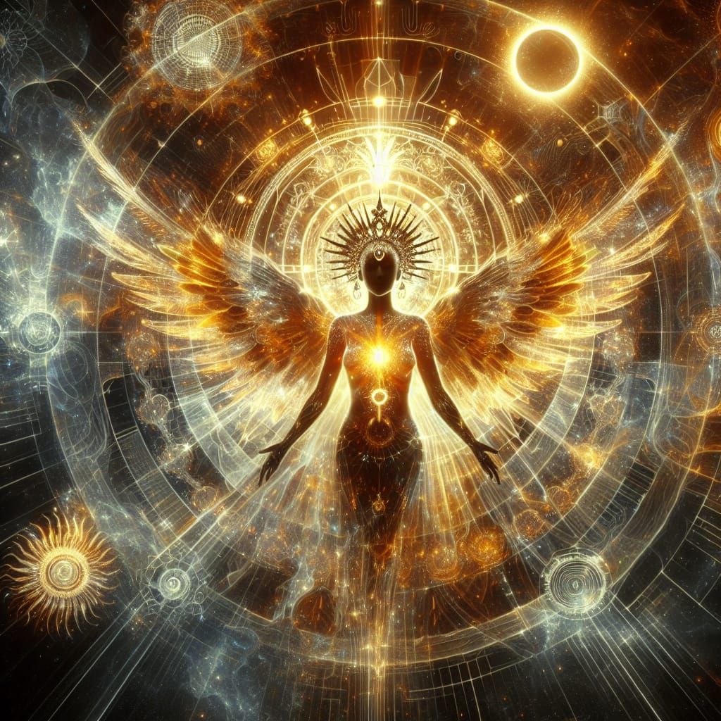 Ethereal Crystalline Woman Radiating Golden Light